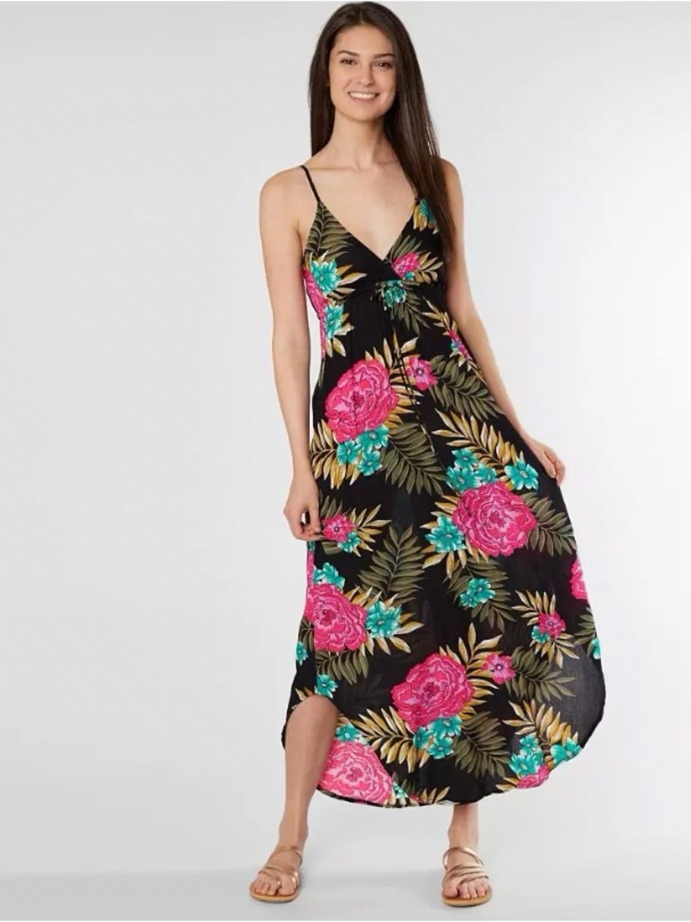 Billabong Black Dress with Pink and Blue Floral Design